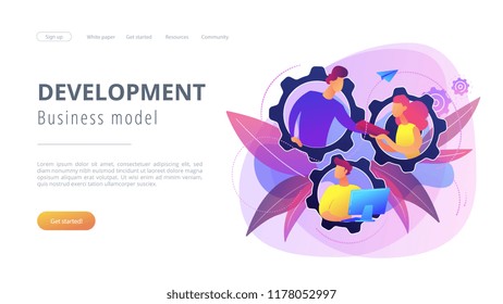 IT team members working as one mechanizm. Dedicated team - software development professionals engaged to the IT project. Business model in IT concept. Violet palette. Website landing web page template