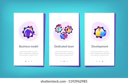 IT team members working as one mechanizm. Dedicated team - software development professionals engaged to the IT project. Business model in IT concept. Violet palette. Mobile UI UX app interface