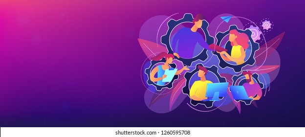 IT team members working as one mechanizm. Dedicated team - software development professionals engaged to the IT project. Business model in IT concept. Violet palette. Header or footer banner template.