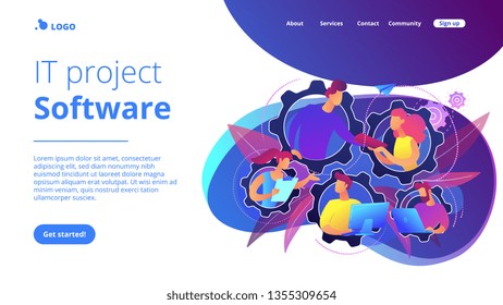 IT team members working as one mechanizm. Dedicated team - software development professionals engaged to the IT project. Business model in IT concept. Violet palette. Website landing web page template