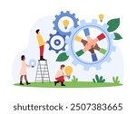 Team members working together, assembling large gears with hands joined inside one gear. Represents unity, teamwork, and collaborative problem-solving vector illustration.