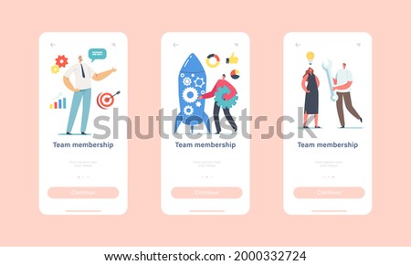 Team Membership Mobile App Page Onboard Screen Template. Team Member Characters Take Part in Rocket Launch, Businesspeople Launching Startup Project Concept. Cartoon People Vector Illustration