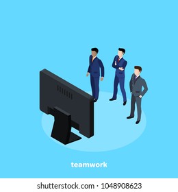 a team of men in business suits looks at the computer screen, isometric image