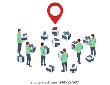 Equipo de hombres crean juntos un nuevo camino. Marcador rojo o pin en una de las cajas como objetivo situado cerca de cajas 3D con carreteras. Ilustración vectorial aislada sobre fondo blanco.