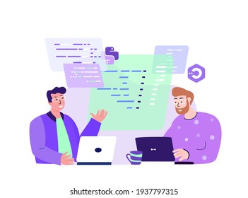 Team of Men IT Programmers Working on Web Codes Interface Development. Brainstorming Process. Script Coding,Programming in Different Artificial languages. Software Developer. Flat vector illustration.