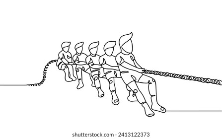 A team of men pulls the rope in their direction. Tug of war competition. Teamwork. Vector illustration. Images produced without the use of any form of AI software at any stage. 