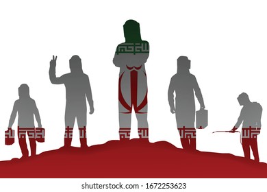 Team of men in virus or chemical protection suit with equipment on Iran flag vector, disease silhouette, Coronavirus, Covid-19