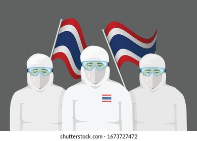 Team of men in virus or chemical protection suit with equipment on thailand flag vector, disease silhouette, Coronavirus, Covid-19