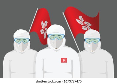 Team of men in virus or chemical protection suit with equipment on Honkong flag vector, disease silhouette, Coronavirus, Covid-19