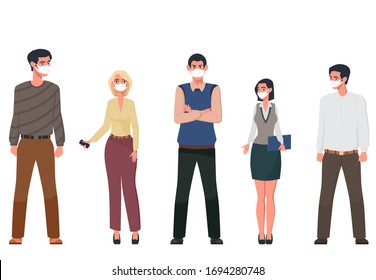 A team of men and women employees or colleagues. All masked. Corona protection. Friendly team of like-minded people. Colorful vector illustration in flat cartoon style.