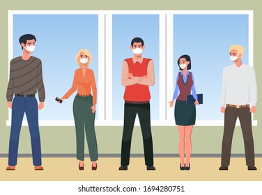 A team of men and women employees or colleagues. All masked. Corona protection. Friendly team of like-minded people. Colorful vector illustration in flat cartoon style.