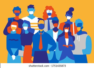 A team of men and women wearing medical protective face mask against virus infection