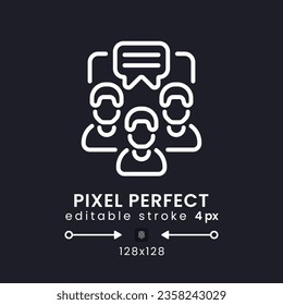 Team messaging white linear desktop icon on black. Small business. Communication software. Pixel perfect 128x128, outline 4px. Isolated user interface symbol for dark theme. Editable stroke