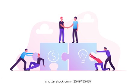 Team Metaphor. Business People Connecting Puzzle Elements. Teamwork Cooperation, Partnership. Businessmen Handshake on Top. Male Characters Set Up Construction. Cartoon Flat Vector Illustration