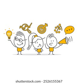 Team metaphor collaboration. Business team members standing with confident faces. Business icons floating above their heads.