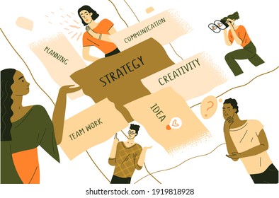 Team metaphor creative concept. Strategy, planning, communication, creativity, idea and other. Team work, business partnership,coworking. Flat vector illustration in trendy style.