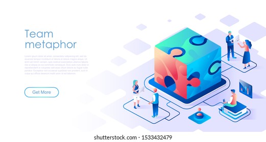 Team metaphor isometric landing page vector template. Teamwork management, organization website homepage interface illustration layout. Team building exercise web banner isometry concept