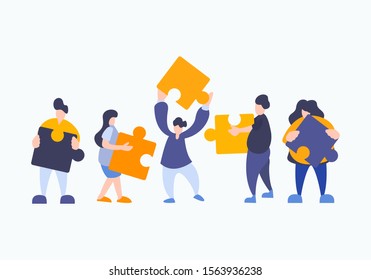 Team metaphor. people connecting puzzle elements. Symbol of teamwork, cooperation, partnership. Business concept vector illustration flat design creative style.