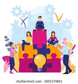 Team metaphor, people connecting puzzle elements. Symbol of teamwork, cooperation, partnership. Business concept, flat design style.