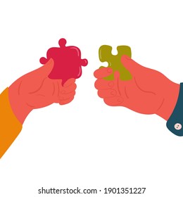 Team metaphor. People connecting puzzle elements. Vector illustration flat design style. Symbol of teamwork, cooperation, partnership. 