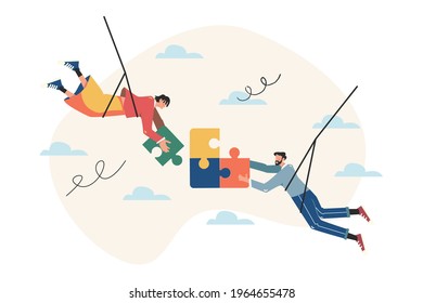 Team metaphor, people connecting puzzle elements, symbol of teamwork, cooperation