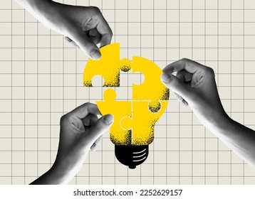 Team metaphor. people connecting puzzle elements of a bulb symbolizing creative idea. Vector illustration collage design style. Symbol of teamwork, cooperation, partnership.