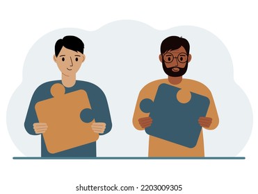 Team metaphor. People putting puzzle pieces together. The concept of teamwork and cooperation. Business concept. Vector flat illustration