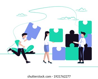 Team metaphor. Teamwork connects puzzle elements. Flat design style vector illustration. cooperation, partnership vector.