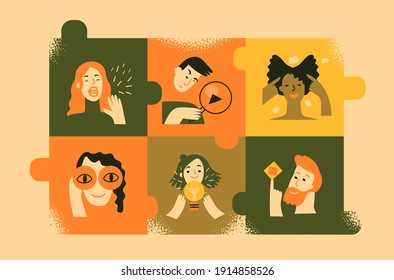 Team metaphor. Various People portraits on puzzles as symbol successfull team. Everyone performs their function. Srategy, planning, comunication, creativity. Flat vector illustration in trendy style.