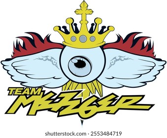 Team metzger feather with red flame and single big eye in center. Yellow crown with catholic sign. abstract army arms art badge design. classic competition emblem insignia illustration label