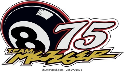 Logotipo de Equipo metzger con 75 contando y una bola negra con 8 números. Diseño de marca automatizada 3D con dígitos. ilustración de icono gráfico pesado