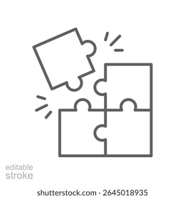 Team Misalignment Icon Vector, Puzzle Piece Not Fitting Concept, Editable Stroke Outline for Workplace Conflict, Role Mismatch, and Collaboration Breakdown Symbol