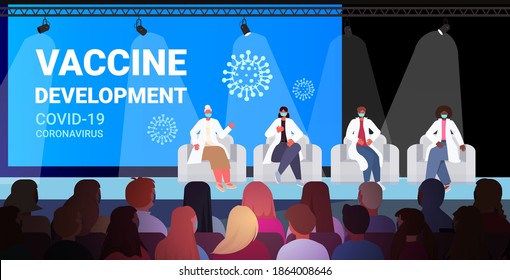 team of mix race doctors in masks giving speech on medical conference vaccine development fight against coronavirus medicine healthcare concept horizontal full length vector illustration