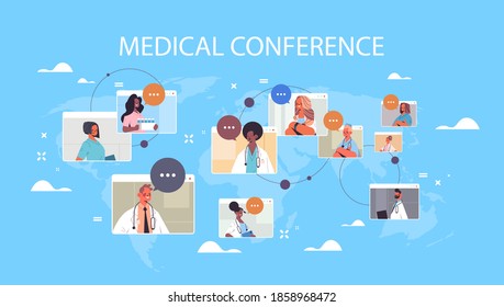 team of mix race doctors in web browser windows discussing during video conference medicine healthcare concept world map background horizontal portrait vector illustration