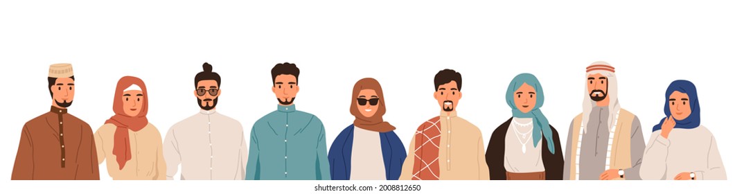 Team of modern Arab Muslim people. Group portrait of Arabian man in headwear and woman in hijab. Happy smiling Islamic male and female characters. Flat vector illustration isolated on white