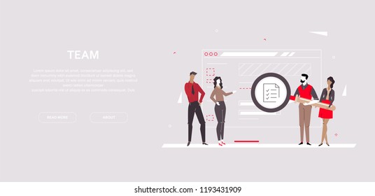 Team - modern flat design style colorful banner on gray background with copy space for your text. A composition with business people holding a magnifying glass, looking at a check list on web page