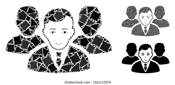 Team mosaic of bumpy pieces in variable sizes and color tints, based on team icon. Vector raggy pieces are composed into collage. Team icons collage with dotted pattern.