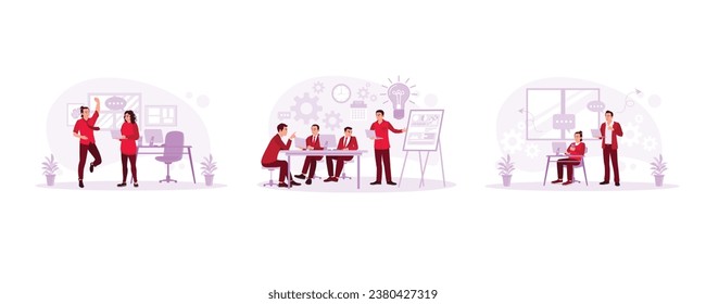 Team motivation in office work. Teamwork concept. Work with a team. Employees Working concept. Set Trend Modern vector flat illustration