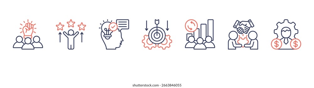 Team Motivation web banner icon set vector team spirit, motivation, communication skills, goal setting, group dynamics, team building, manager