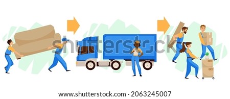 Team of movers carry sofa to the truck, flat vector illustration isolated on white background. Concept of moving or delivery services, workers upload furniture and bring boxes.