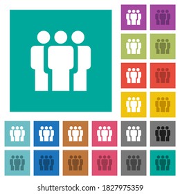 Team multi colored flat icons on plain square backgrounds. Included white and darker icon variations for hover or active effects.