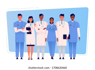 Team of multicultural doctors stands together. Medical staff. The concept of disease control and good health