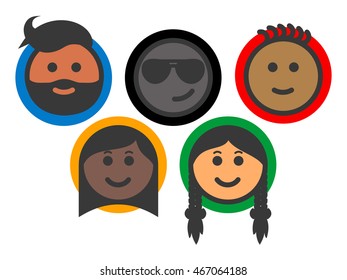 Team of multi-ethnic people - smiley face icons. People with different races and skin colors. Colored icon set. Isolated vector illustration on white background