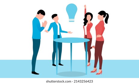 A team near table with bulb, startup business character vector illustration on white background. 