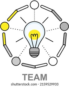 Team network with light bulb isolated on white background. Lightbulb as symbol of creative plan. Group of people create idea of new project, planning startup, searching for solution, brainstorming