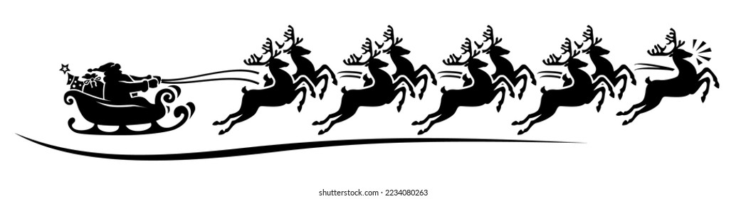 Team of nine reindeer is carrying Santa sleigh. Vector silhouette on a transparent background