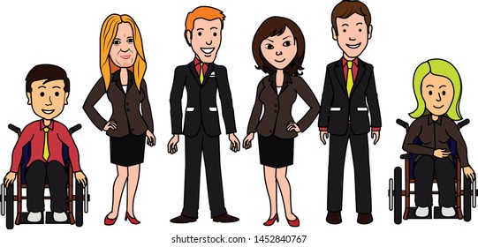 team of normal people standing with disabled colleagues