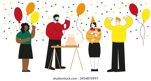 The team in the office celebrates the birthday of their colleague. The friendly boss raises a glass and says a toast to the health of the employee. Vector minimalistic illustration in a flat style 