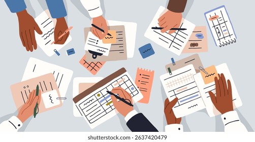 Team at office desk. Hands writing paper notes, planning agenda, business schedule. Work process at workplace, table, top view. Corporate meeting, teamwork from above. Flat vector illustration