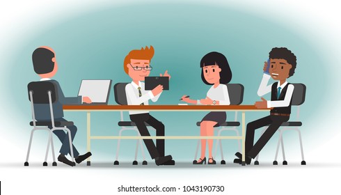 A team of office employees discuss working issues. Vector illustration.